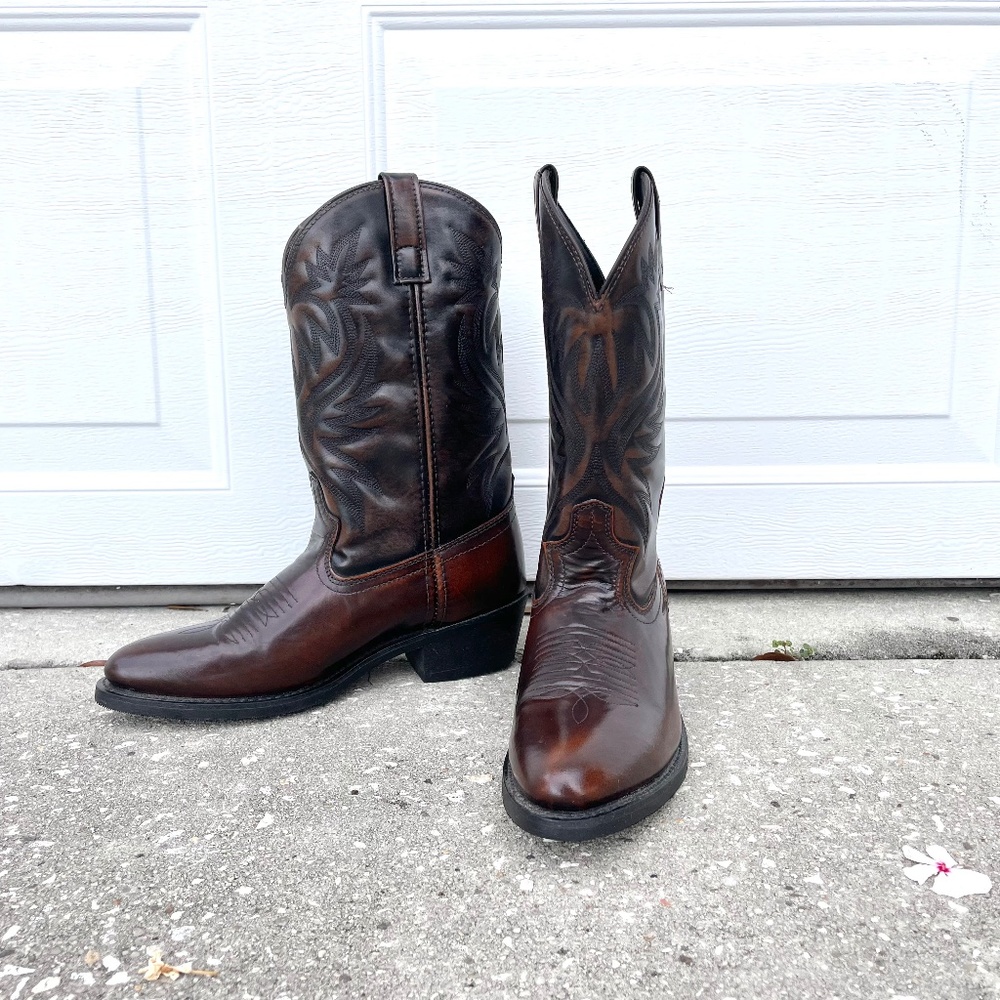 Laredo 4214 Mens Leather Cowboy Western Riding Work Boots Round Toe Brown Sz 9D
